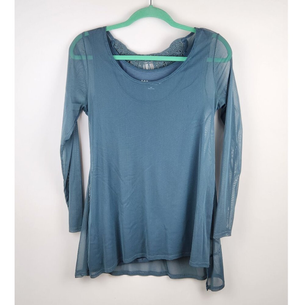 Soft Surroundings Crochet Mesh Asymmetric Layered Long Sleeve Tunic Top sz XS